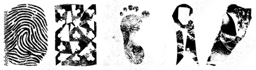 Distressed biometric print graphics, ink stamped dermatoglyphics, halftone forensic symbols, gritty crime scene motifs, textured identity markers.