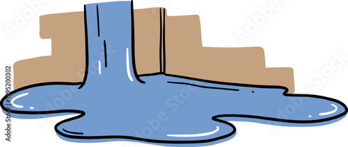 Hand drawn spilled blue liquid pooling against a textured beige wall with flowing lines and smooth details, showcasing a creative and artistic interpretation of fluid motion in a simple