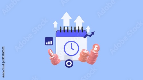 Animated Concept Showing Calendar, Clock, Coins, Graph, Upward Arrows, and Gear Icon Symbolizing Time Management, Investment, Financial Growth, Financial Planning, Productivity, and Analytics.