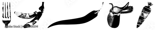Black and white vector cutouts featuring dining utensil, tropical fruit, spicy vegetable, equestrian gear, and root crop also known as flat or glyph illustrations.