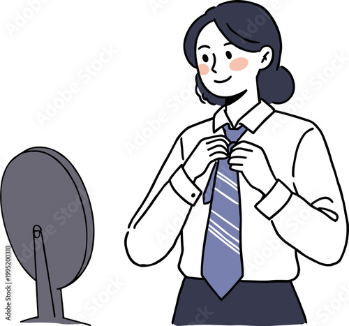 Young woman adjusting her blue striped tie while looking in a mirror, dressed in a business shirt, hand drawn style illustration with a focus on personal grooming and preparation for work