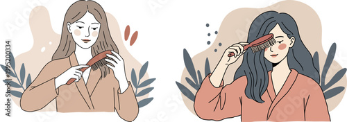 Two women grooming their hair with a comb in a hand-drawn style, showcasing healthy hair and personal care in a serene setting with soft colors and floral decorations