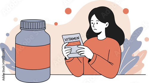 Woman in orange sweater examining vitamin supplements from a bottle in hand, showcasing health and wellness concept in hand-drawn style with soft pastel background elements