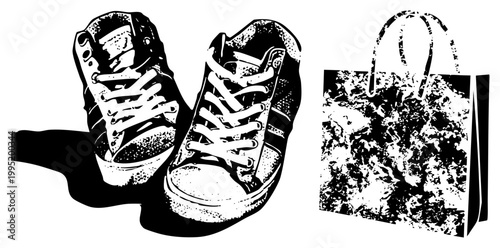 High top sneakers with laces paired with a textured paper bag, streetwear footwear, casual sneaker graphic, urban retail, halftone vector art.