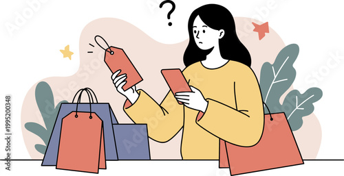 Woman Shopping with Colored Bags and Price Tags in Hand, Hand Drawn Style, Surrounded by Decorative Leaves and Stars, Concept of Consumerism and Retail Experience