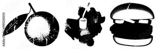 Stylized food illustrations using halftone dots citrus fruit, mixed drink, beef patty sandwich. Also called rasterized vector cuisine graphics or stippled food symbols.
