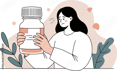 Concerned woman holding a medication bottle in a hand drawn style, with a soft floral background conveying a sense of unease and contemplation about health and wellness issues