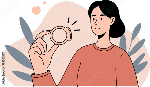 Woman holding a ring with a concerned expression in a hand drawn style, surrounded by abstract shapes and leaves on a light background