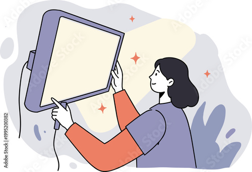 A woman holding a blank light board while standing against a colorful abstract background, illustrating creativity and inspiration in a hand drawn style for design and marketing purposes