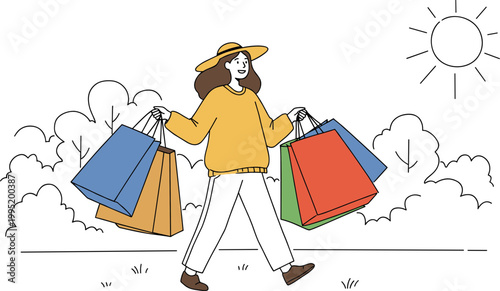Happy woman walking outdoors with shopping bags, wearing a yellow sweater and wide-brimmed hat, enjoying a sunny day, surrounded by nature in a hand-drawn style illustration