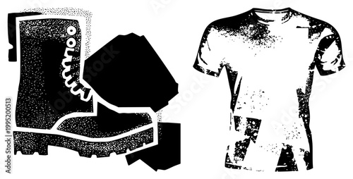 Distressed apparel and footwear illustration, rugged workwear graphic, streetwear design element, urban fashion silhouette, print ready asset.