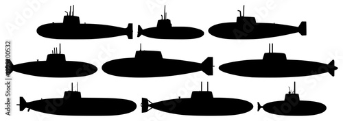 Submarine set with detailed black silhouette placed on clean white background featuring submarine, naval, underwater with black and white and silhouette