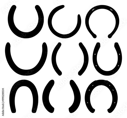 Horseshoe set with black silhouette on white background featuring horseshoe, equine symbol, classic shape with line art and minimalist design