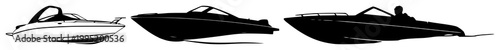 Speed boat set with black silhouette on white background featuring speed boat, black outline, marine transport with line art and minimalism