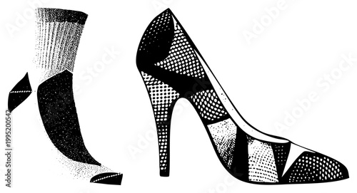 Fashion illustration of stiletto pump and ankle sock rendered in halftone dot, pop art style footwear graphic, vector silhouette.