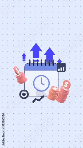 Animated Concept Showing Calendar, Coins, Clock, Graph, Upward Arrows, and Gear Icon in Vertical Video Format, Symbolizing Financial Planning, Financial Growth, Investment, and Productivity.