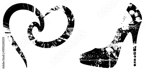 Ripped heart and high heel shoe cutout, vintage distressed vector art, punk aesthetic graphics, stencils, edgy fashion motifs.