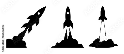 Rocket launch set with black silhouette on white background featuring rockets, astronauts, space with propulsion and trajectory