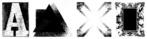 Retro halftone graphic elements including typographic symbol, geometric, shapes, decorative border also known as stipple art or Ben Day dot design.