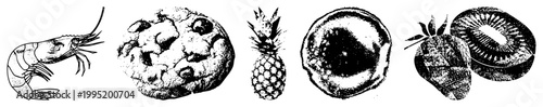 Black and white halftone illustrations of edible items snacks and fruits rendered in stippled dot, ideal for print or retro design themes.