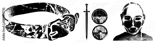 Medieval Norse warrior gear depicted via halftone dot technique belt buckle, longsword, round shields, and stylized mask also called Norse armory or Viking.