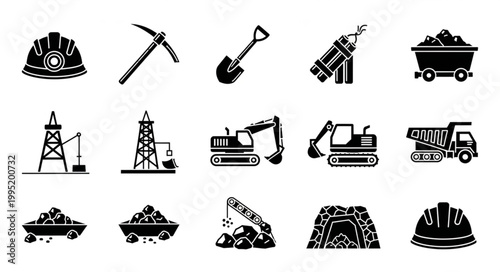 Collection of Construction and Mining Equipment Icons.