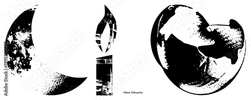 Distressed lunar, flickering candle flame, cracked planet globe symbol all rendered as gritty vector cutouts for design.