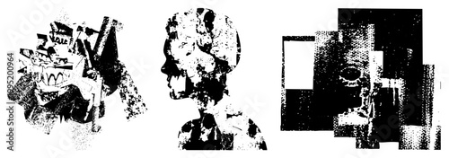 Experimental halftone art featuring fragmented human profiles, stylized silhouettes, pixelated distortion, and layered collage elements. Also known as stipple portraits or digital glitch aesthetics.