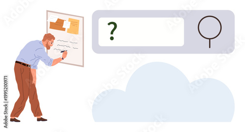 Problem solving, brainstorming, data analysis, cloud computing, information search, innovation. A man writes on a board with a search bar cloud nearby. Problem solving and brainstorming