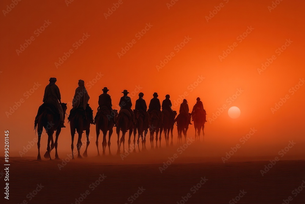 Fototapeta premium Camel caravan at sunset in the desert