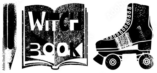 Distressed occult spellbook illustration, mystic grimoire graphic, witchcraft journal, retro roller skate symbol, vintage school supply motif.