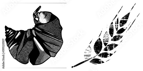 Stylized human torso wrapped in fabric with wheat sheaf motif, ink stamped grain emblem, vintage linocut aesthetic, vector art, printmaking inspired design.