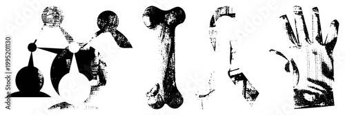 Abstract anatomical and scientific cutouts rendered in high contrast halftone, featuring molecular model, femur bone, skeletal hand ideal for medical graphics or educational design.