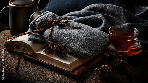 Hot water bottle beside book and tea. Cozy scene with tea, book, and blanket on rustic wooden table  