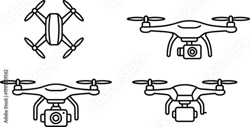 Drone and quadcopter icon set featuring unmanned aerial vehicles with cameras for photography and surveillance, outline vector on transparent background