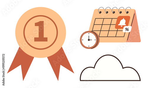 Achievement, productivity, scheduling, organization, reminders, efficiency. Circular badge with number 1, calendar with notification and clock cloud line illustration. Achievement and productivity