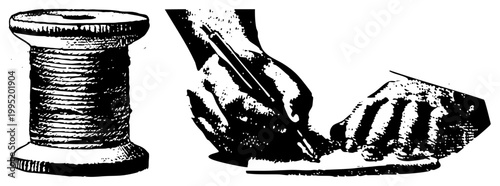 Classic engraving style drawing showing thread spool and hand holding nib pen, retro printmaking technique, antique woodcut aesthetic, graphic.