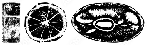 Stylized black and white halftone illustrations of a fridge, sliced citrus fruit, and ring donut also called stippled graphic, dot matrix art, or print style vector cutouts.