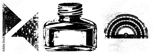 Retro ink bottle illustration, antique writing vessel, calligraphy reservoir, halftone print style, graphic, distressed texture.