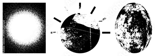 Astronomical eclipse illustration featuring celestial, solar event depiction, cosmic phenomenon, halftone astronomy art, black and white space.