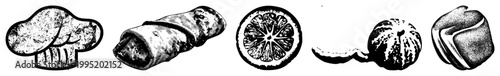 Stylized food and kitchen symbols rendered in halftone, including culinary hat, rolled wrap, sliced fruit, ornamental squash, baked good ideal for menu design or recipe branding.