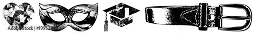 Graphic illustrations of symbolic objects love symbol, festive disguise, academic, fashion belt. Also called emblematic glyphs, decorative motifs, thematic pictograms.