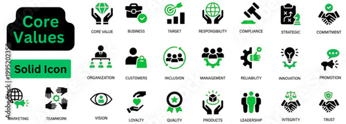 Solid vector of Core Values icon set. Core Values solid icon set. Core value editable solid icon set. Passion, mission, innovation, goals, responsibility, growth, strategy, integrity, customers,  team