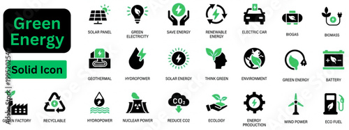 Solid vector of Green Energy icon set. Green energy solid icon set featuring renewable solar wind power, ecology sustainability nature, recycling eco environment, and clean alternative electric. 