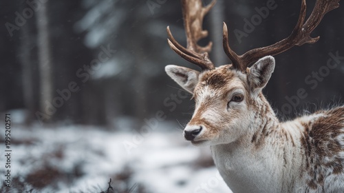 Majestic reindeer with impressive antlers standing in snow-covered forest in winter landscape