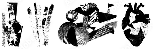 Stylized anatomical heart motif combined with abstract shapes, gestural marks, and fills modern graphic design element for posters or digital art.