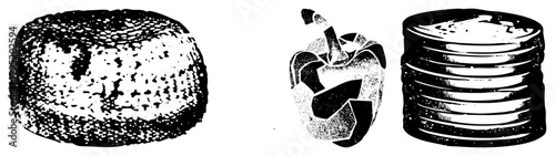 Stylized food and currency symbols rendered in halftone dot bakery item, fruit, monetary stack, grayscale graphic, raster style illustration.