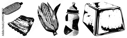 Black and white corn cob illustrations and ice cube graphic, stylized food, halftone texture design, vector cutout assets for print or web.
