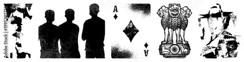 Graphic collection of halftone styled silhouettes, abstract figures, national insignia, and card rendered in dot for design use.