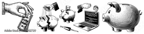 Retro style piggy bank graphic with cash, puppet strings, laptop, and screwdriver symbolizing finance, savings, or digital economy. Also called moneybox or coin bank.